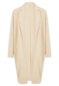 Beige dlouhý blazer, lehká tkanina, otevřený přední design, klopové límce, dlouhé rukávy, hladká textura, minimalistický styl.