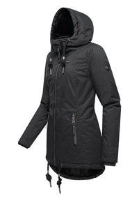 Svart isolerad parkas med huva, med dragkedja fram och sidofickor, justerbara dragsnören och en mjuk innerfoder.