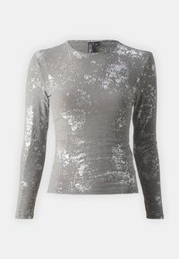 Long-sleeve gray top featuring a textured pattern and metallic accents, made of a soft, stretchy fabric with a fitted design.