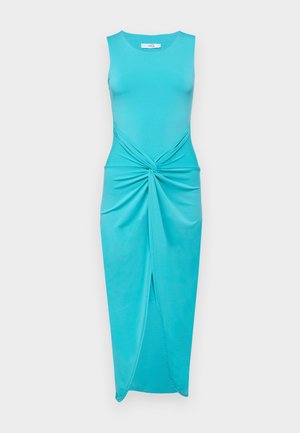 Turquoise sleeveless dress with a twist-knot detail at the waist, featuring a side slit and a form-fitting silhouette in a smooth fabric.