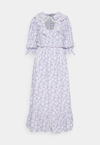 Levandulové květinové midi šaty s nafouknutými rukávy, volánkovým límcem, krajkovým vsazením na výstřihu, elastickým pasem a volánkovým lemem.