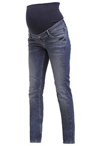 Jean de maternité bleu avec une ceinture élastique couvrant le ventre de la femme enceinte, présenté sur un fond blanc.