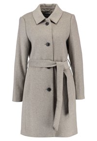 Abrigo de mezcla de lana gris claro con cuello, mangas largas, cierre de botones en la parte delantera y cinturón a juego en la cintura. Cuenta con dos bolsillos frontales.