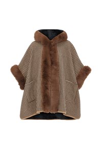 Poncho în carouri maro și negru, cu guler și manșete din blană artificială. Include buzunare mari și o croială suficient de largă. Textură moale.