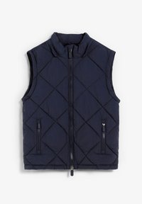 Chaleco acolchado de color azul marino con cuello alto, cremallera frontal y dos bolsillos laterales con cremallera. Presenta un patrón de diamante y una textura suave.