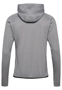 Grijze hoodie met een trekkoordkap, lange mouwen en een aansluitend ontwerp. Bevat een zwarte accent aan de zoom en een subtiele logo-detail aan de zijkant.