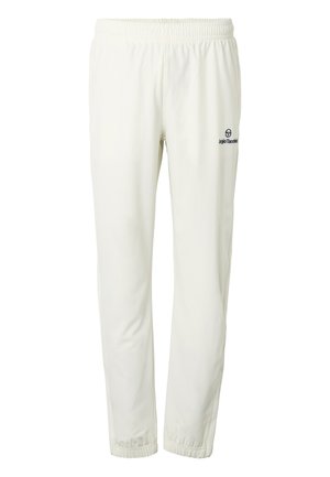 Bílé sportovní kalhoty s elastickým pasem, úzkými rovnými nohavicemi a malým černým logem "Sergio Tacchini" na horní části levého stehna.