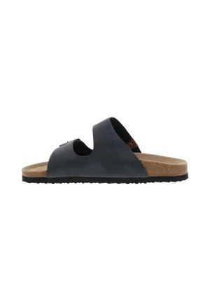 Sandale noire ouverte à l'avant avec deux larges brides, semelle intérieure en liège et semelle extérieure en caoutchouc noir texturé.