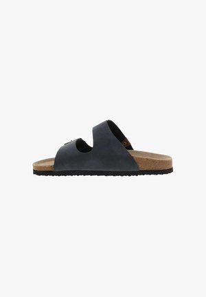 Sandale noire ouverte à l'avant avec deux larges brides, semelle intérieure en liège et semelle extérieure en caoutchouc noir texturé.