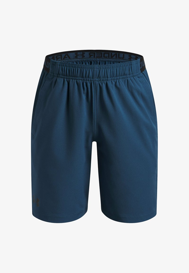 Blauwe sportshorts met een elastische tailleband en een zwarte logoband. Soepele stof met een lichtgewicht textuur, geschikt voor sportactiviteiten.