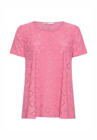 Top corto de manga corta rosa con patrón de calados, escote redondo y corte holgado. Tejido suave con agujeros decorativos en un diseño floral.