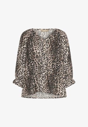 Top cu imprimeu leopard dintr-un material ușor, cu decolteu în V, mâneci trei sferturi și accente pliate la manșete. Culorile includ bej și negru.