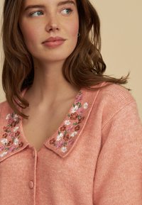 Rosa gestrickte Strickjacke mit einem Kragen, der mit floralen Stickereien in Weiß, Rosa und Braun verziert ist, und Knopfverschluss.