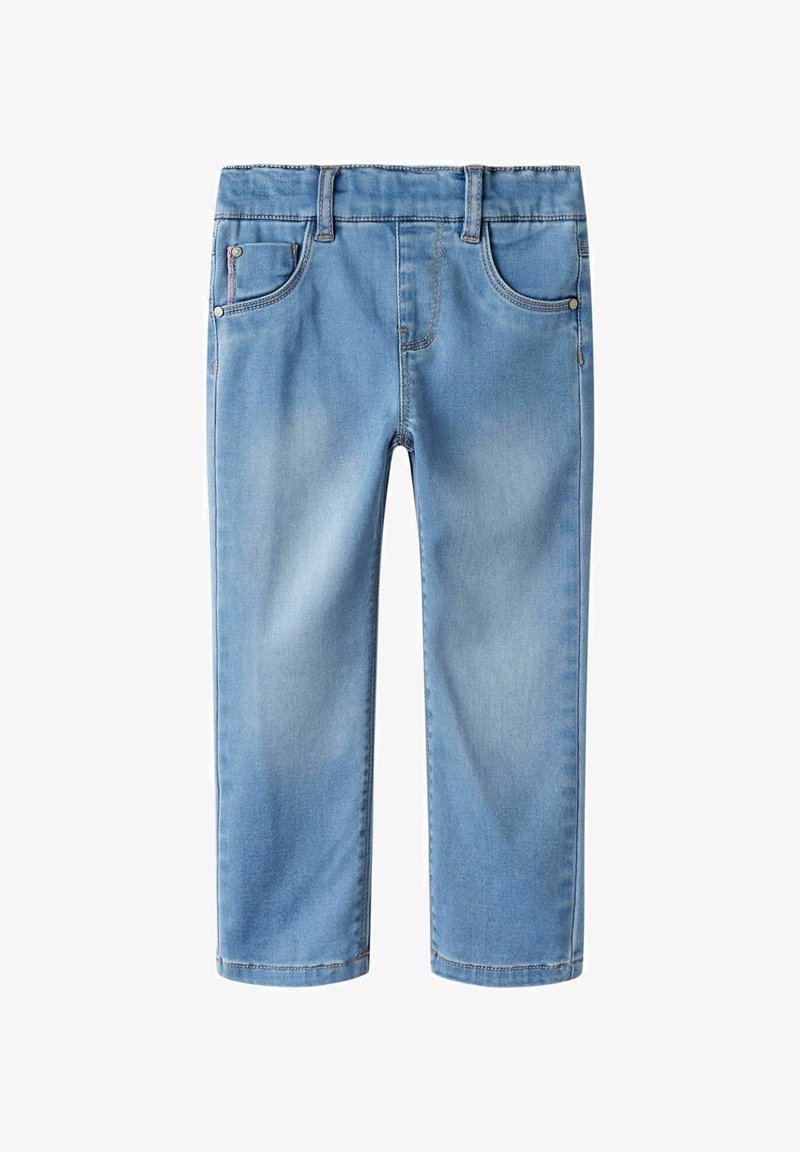 Lyseblå denimjeans med lige pasform, fem lommer og diskret falming. Har metalhardware og syningsdetaljer.