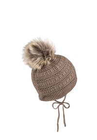 Knitted brown beanie hat with a faux fur pom-pom on top, features tied straps and a textured pattern throughout.