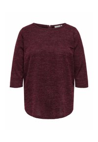 Maglione bordeaux con scollatura rotonda, maniche a tre quarti e orlo curvo. Tessuto testurizzato con un motivo sottile. Chiusura con zip sul retro.