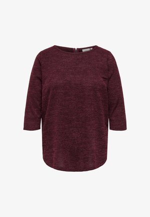Bordowy sweter z okrągłym dekoltem, rękawami trzyczwartowymi i zaokrąglonym dołem. Teksturowany materiał z subtelnym wzorem. Zamek błyskawiczny z tyłu.