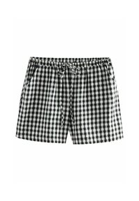 Schwarz-weiße Gingham-Shorts mit elastischem Bund, Kordelzug und Seitentaschen. Hergestellt aus leichtem Stoff mit kariertem Muster.