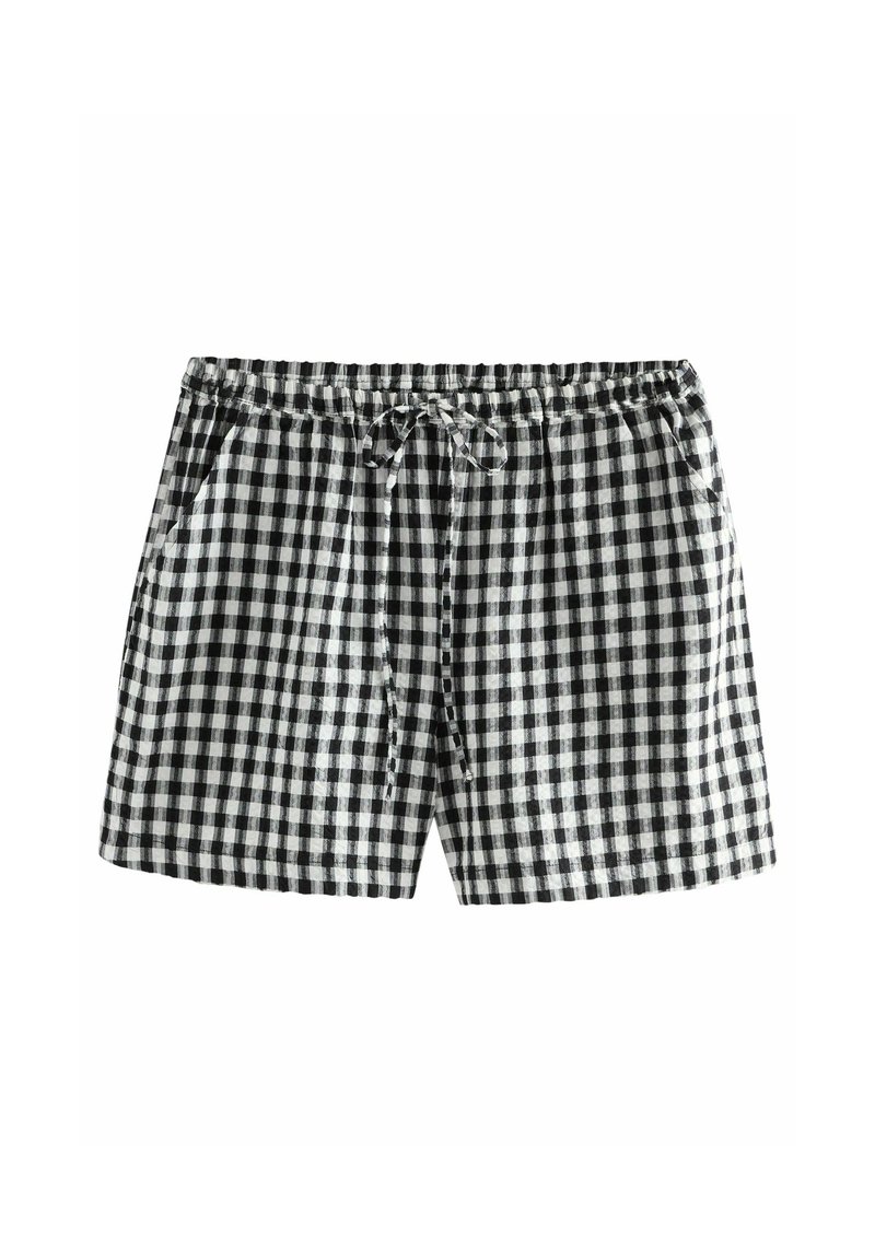Schwarz-weiße Gingham-Shorts mit elastischem Bund, Kordelzug und Seitentaschen. Hergestellt aus leichtem Stoff mit kariertem Muster.