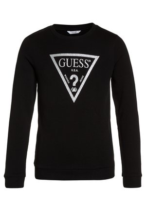 Czarna bluza z długim rękawem z srebrnym trójkątnym logo GUESS, napisami "U.S.A." i "Washed Jeans" na środku przodu.