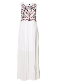 Abito maxi bianco con ricami floreali sul corpetto, scollatura rotonda, senza maniche e tessuto fluente dalla vita in giù.