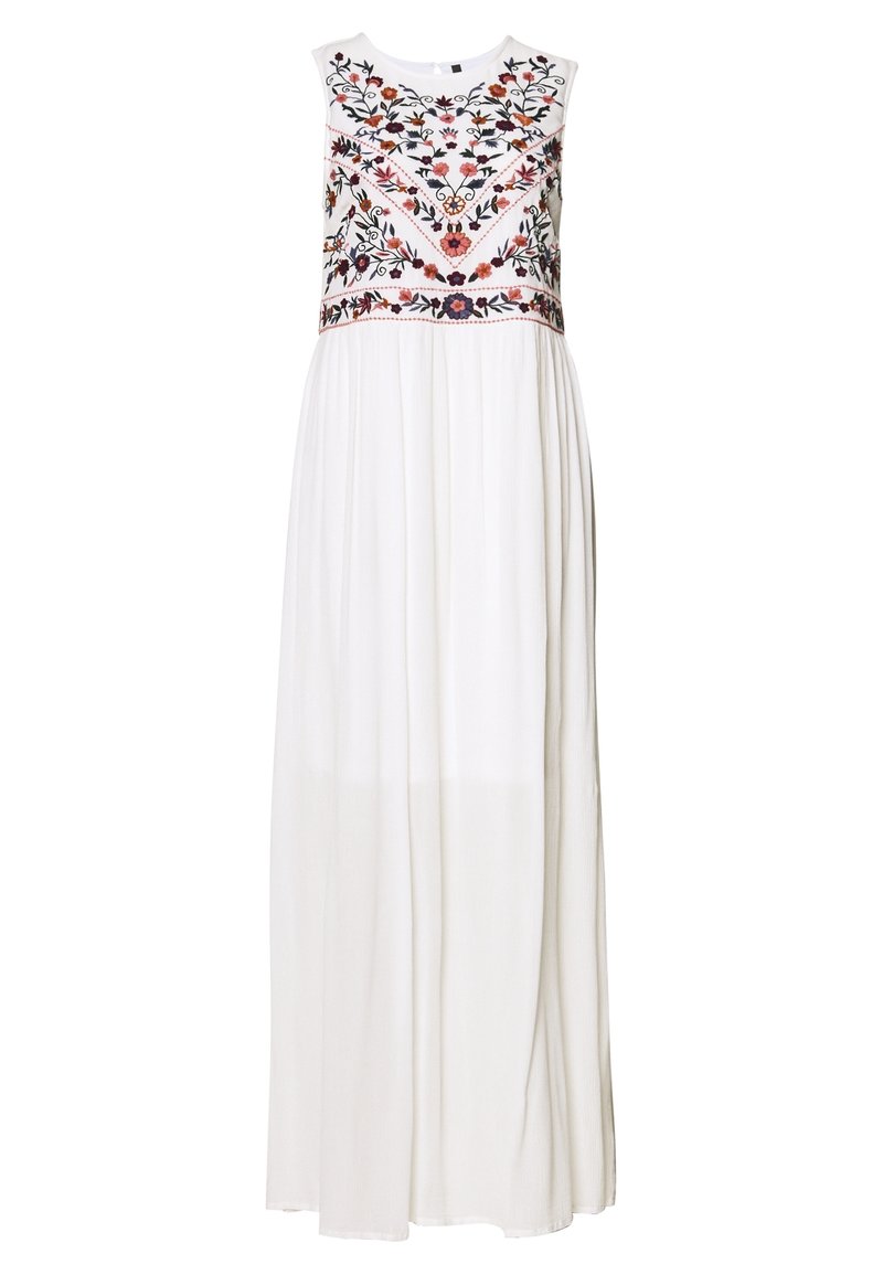 Abito maxi bianco con ricami floreali sul corpetto, scollatura rotonda, senza maniche e tessuto fluente dalla vita in giù.