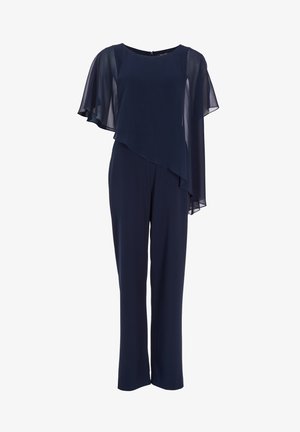 Marineblauer Overall mit asymmetrischem, transparentem Überwurf-Cape auf einer Schulter, rundem Ausschnitt und geraden Hosenbeinen.