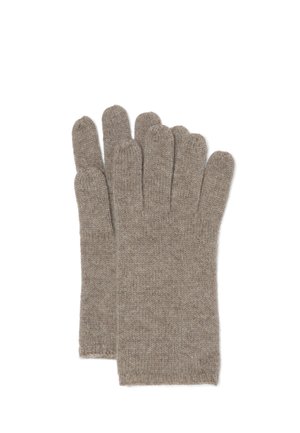 Pair of plain grey knitted wool gloves with five fingers, shown flat and stacked on a white background.