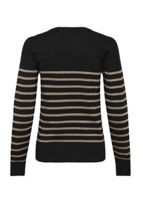 Musthave musta pika varrukatega sviiter beežide horisontaalsete triipudega varrukatel ja alumisel seljal, soonikkoes varrukasääred ja allserv. Näidatud tagant.