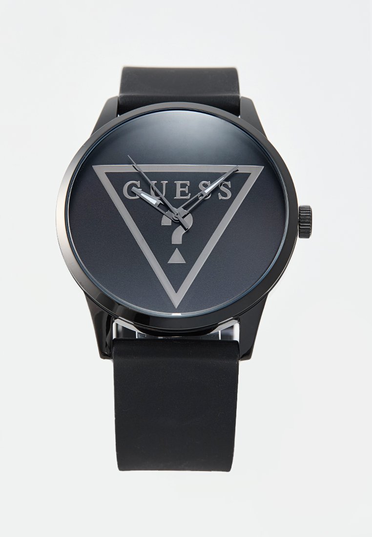 Schwarze Silikonarmbanduhr mit mattschwarzem Ziffernblatt, einem dreieckigen Logo, silbernen Zeigern und einem minimalistischen Design.