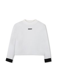 Felpa bianca a maniche lunghe e corta con polsini neri e logo "DKNY" centrato sul petto.