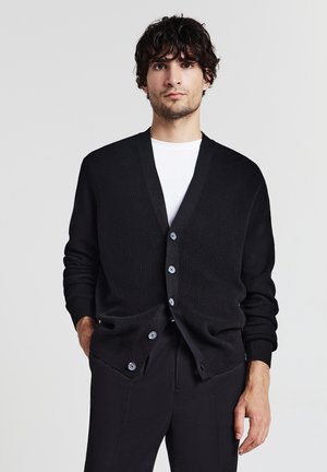 Junger Mann mit lockigem, dunklem Haar, der einen schwarzen, geknöpften Cardigan über einem weißen Hemd und schwarzen Hosen trägt. Er steht vor einem schlichten, hellen Hintergrund.