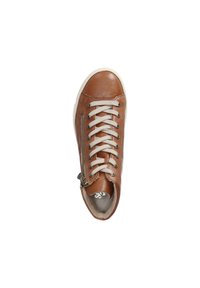 Brown leather sneaker with a textured finish, cream laces, and a side zipper. The toe is round, with a white rubber sole.