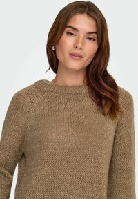 Suéter de punto marrón con cuello redondo y patrón texturizado. Material suave con un ligero brillo. Mangas largas y corte holgado.