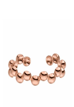 Bracelet jonc en or rose avec des accents en perles sphériques, finition polie, design ouvert pour un ajustement réglable, détail de surface texturée.