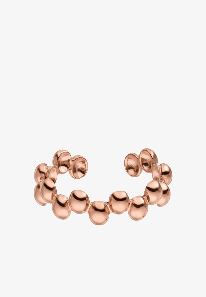 Armreif aus Roségold mit kugelförmigen Akzenten, hochglanzpolierte Oberfläche, offenes Design für eine verstellbare Passform, strukturierte Oberflächendetails.