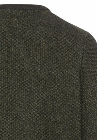 Textured knit sweater in dark green and black hues. Features a subtle pattern, round neckline, and soft fabric.