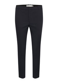 Skräddarsydda svarta byxor med en slät textur, slim fit, två framfickor och dragkedja. Inkluderar bälteshällor och en subtil veckdetalj.