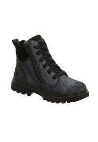 Schwarze und graue strukturierte Knöchelstiefel mit seitlichem Reißverschluss, schwarzen Schnürsenkeln, gepolstertem Kragen und klobiger, profiliertem Sohle.