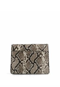 Python-patterned clutch made of textured synthetic material with a neutral color palette. Features a simple, rectangular shape and flap closure.