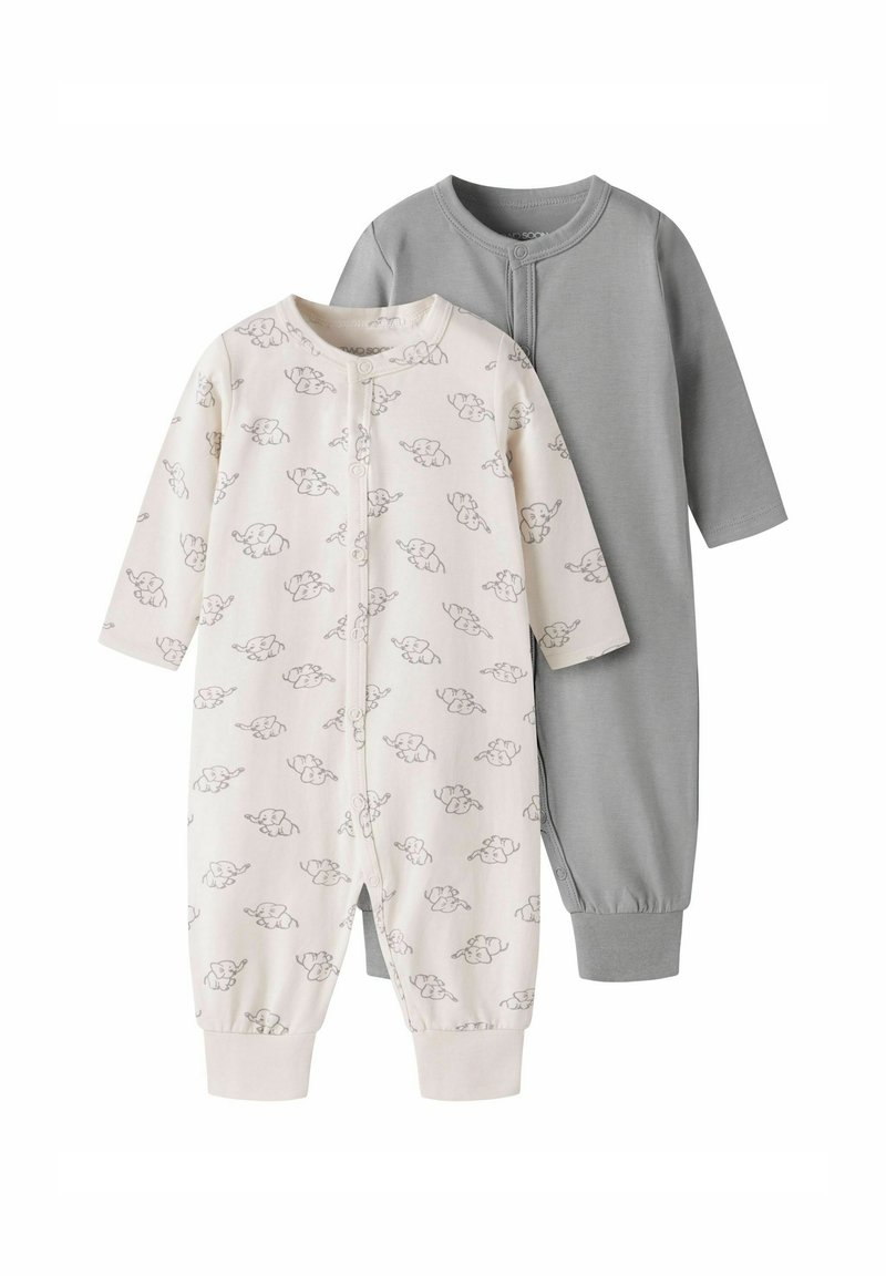 Två babysoldater: en i ljusgrå, den andra i krämfärg med elefantmönster. Båda har lång ärm, ribbade manschetter och tryckknappar.