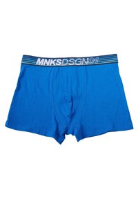 Boxers de algodón azules con una cinturilla elástica a rayas negra y plateada que presenta el texto "MNKSDSGN01". Textura suave y diseño ajustado.
