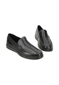 Scarpe slip-on nere in pelle con una finitura liscia, dettagli di cucitura e suola in gomma; progettate per un facile utilizzo e comfort.