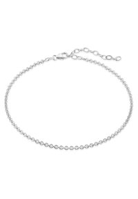 Silver chain bracelet with a delicate link design, featuring a lobster clasp and an adjustable length with additional chain segments.