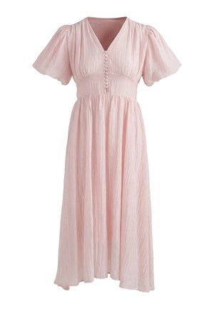 Light pink midi dress with puff sleeves, V-neck, fitted waist, and decorative front buttons on crinkled fabric.