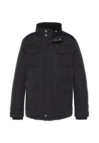 Giacca imbottita nera con collo alto, cerniera frontale, diverse tasche anteriori e chiusure con bottoni. Tessuto liscio e design minimalista.