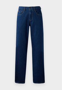 Donkerblauwe denim jeans met een rechte snit, voorzien van een knoopsluiting, vijf zakken en subtiele stikdetails langs de naden.