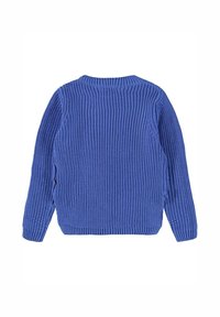 Niebieski sweter dzianinowy z prążkowanym wzorem, okrągłym dekoltem i długimi rękawami, o luźnym kroju i minimalnych detalach.