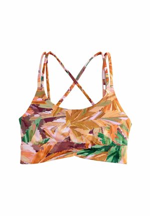 Bikini haut coloré avec un motif floral dans des teintes d'orange, de vert et de rose. Dispose de fines bretelles croisées et d'une texture lisse.