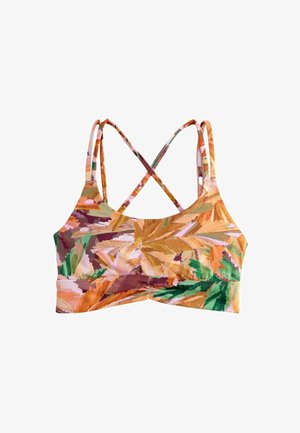 Bikini haut coloré avec un motif floral dans des teintes d'orange, de vert et de rose. Dispose de fines bretelles croisées et d'une texture lisse.